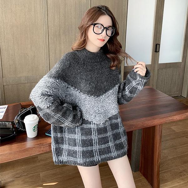 Autumn and Winter Round Neck Long-sleeved Shirt Contrast Color Plaid Sweater Women Loose Stitching Sweater Fashion Design