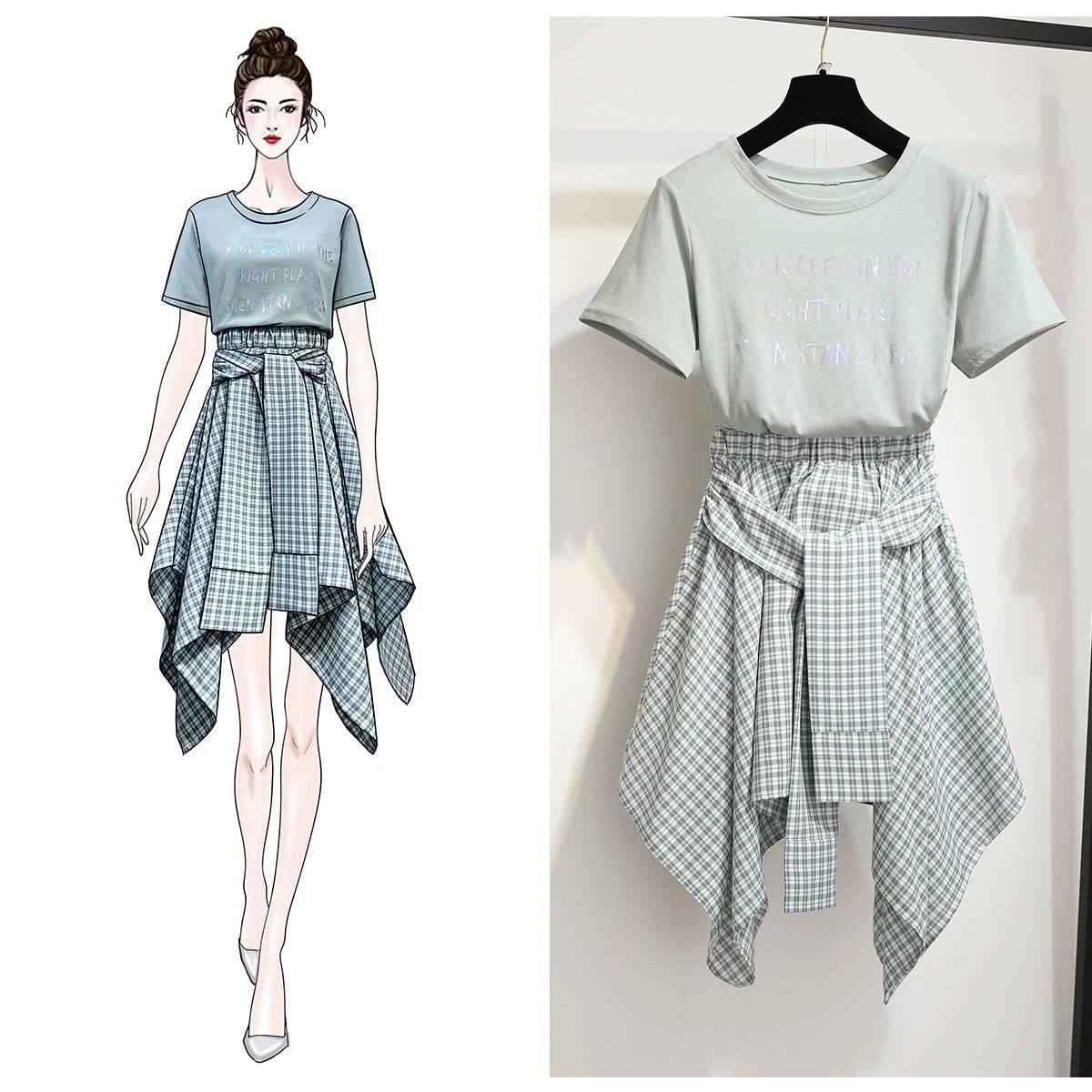 Pofulove Elegant Skirt Set Women Short Sleeve T-shirt Plaid Skirt Two-piece Set Summer Outfits