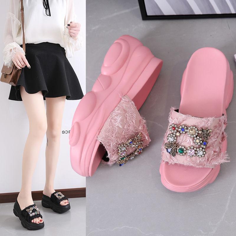 Summer wear slippers female net red ins sandals fashion wild thick bottom sponge cake half dragging