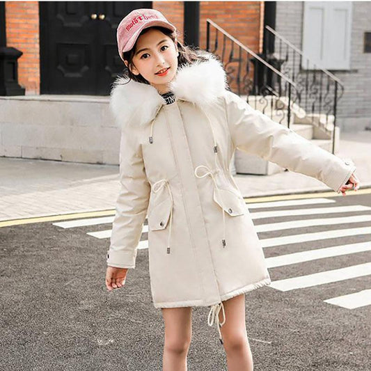 Girls' Warm and Windproof Cotton Coat Children's Winter Padded Jacket Plus Velvet Pie Overcomes The Mid-length Style