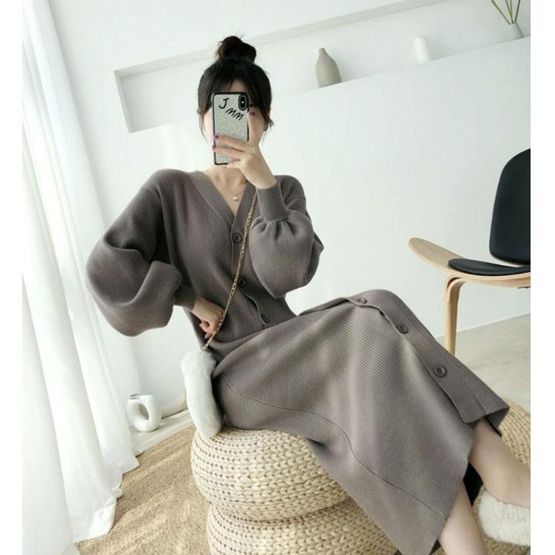 Autumn and Winter Casual French Dress INS Style V-neck Lantern Sleeve Bottoming Dress Fashionable Knitted Female Sweater Dress