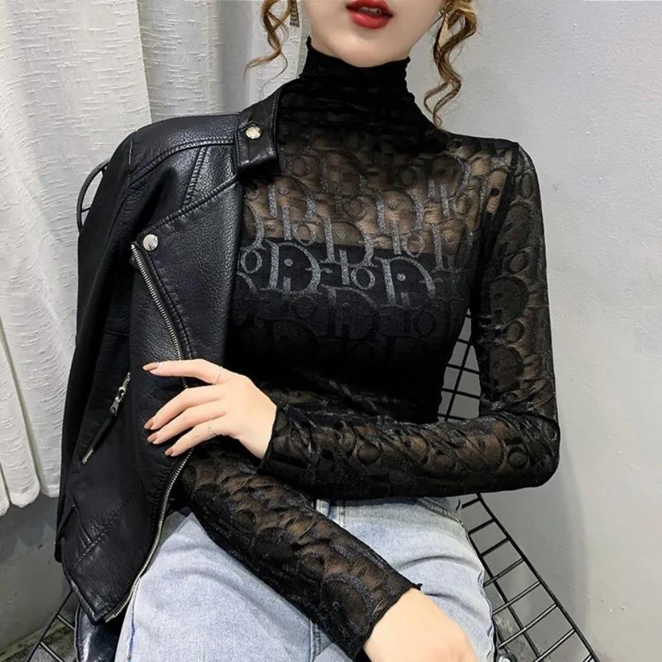 Sexy Women T Shirt See Letter Decoration Through Transparent  Tops Long Sleeve Sheer Slim Ladies Turtleneck T-Shirt Women Pullover