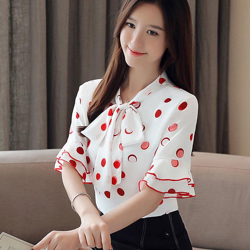 Sweet Shirt Summer Polka Dot Half-sleeved Top Women's Lotus Leaf Collar Polka Dot Shirt Short-sleeved Chiffon Shirt Tie Bow Shirt