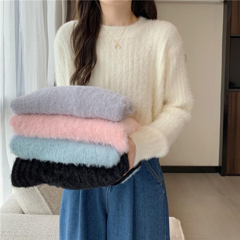 Pink Sweater Women Knitted Pullover Sweater O Neck Long Sleeve Loose Casual Jumper Furry Fall Winter Women Sweater Cropped Tops Short Clothes