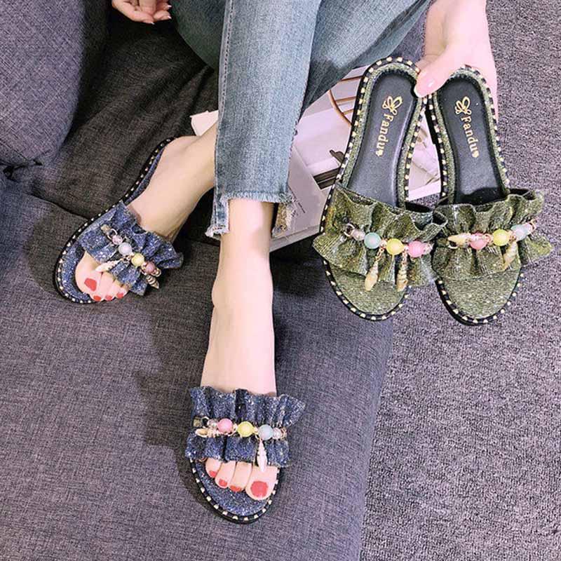 Plus Size 35-40 Summer Women Outdoor Leather Flat Bohemian Beach Wear-resistant Non-slip Office Lady Bead Sandals