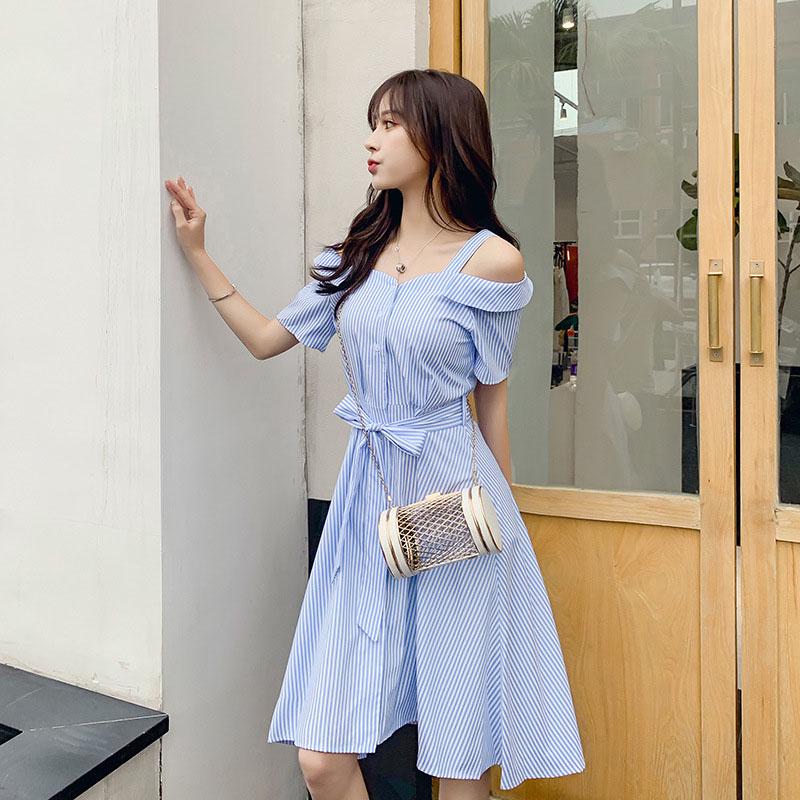 Pofulove Striped shirt dress summer women's midi loose off-shoulder pleated strap dress with belt