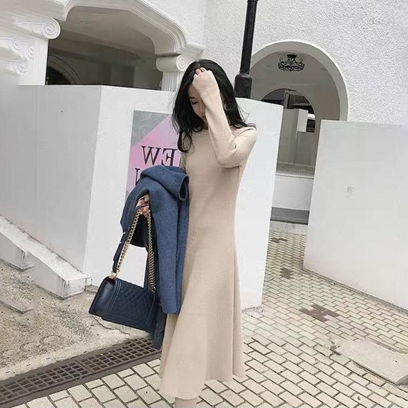 Autumn and Winter Sweater Women's Pullover Mid-length Over The Knee Fresh and Sweet Bottoming Shirt High-neck Knitted Dress