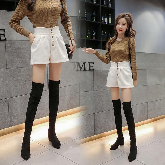 Woolen Shorts Women Loose Wide Leg Shorts with High Waist Thick Pockets Short Femme