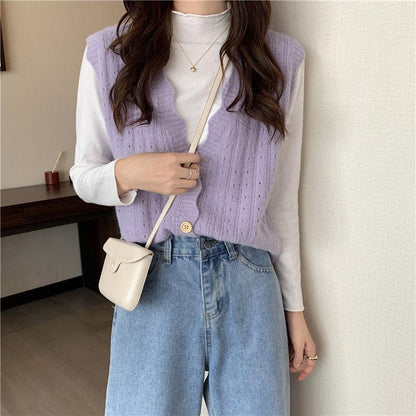 Hollow Knit Sweater Vest Vest Women Lazy Loose Short Sweater Waistcoat Outer Wear All-match Cardigan Vest Sweet Style