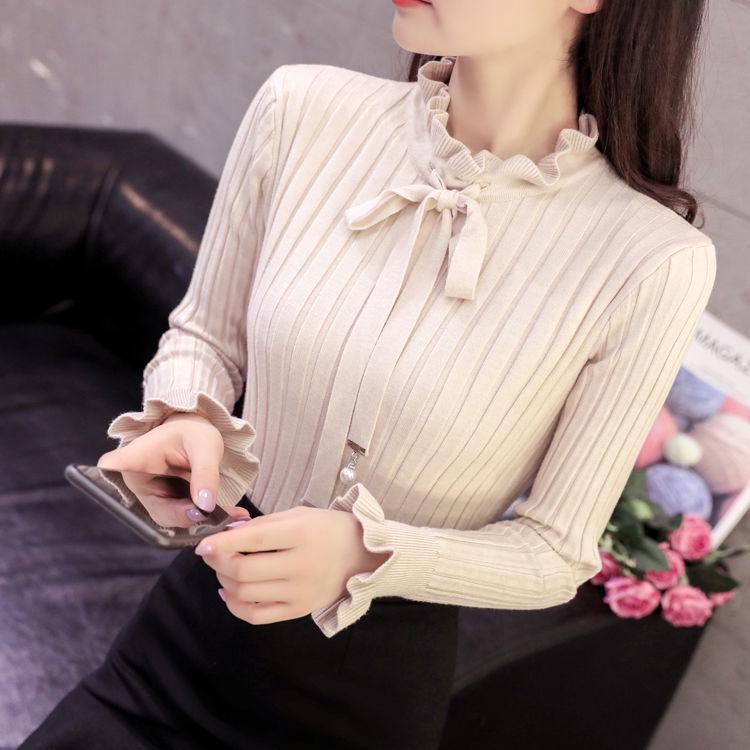 Pofulove Lace Collar  Knitted Sweater Women Autumn Winter Sweet Long Sleeve Slim Pullover Turtleneck Sweater