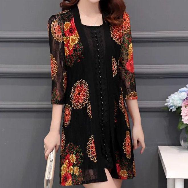 M-5XL Women's Spring and Summer Plus Size Lace Cardigan Female Printed Mid-length Shawl Slim Hollow-carved Design Thin Coat