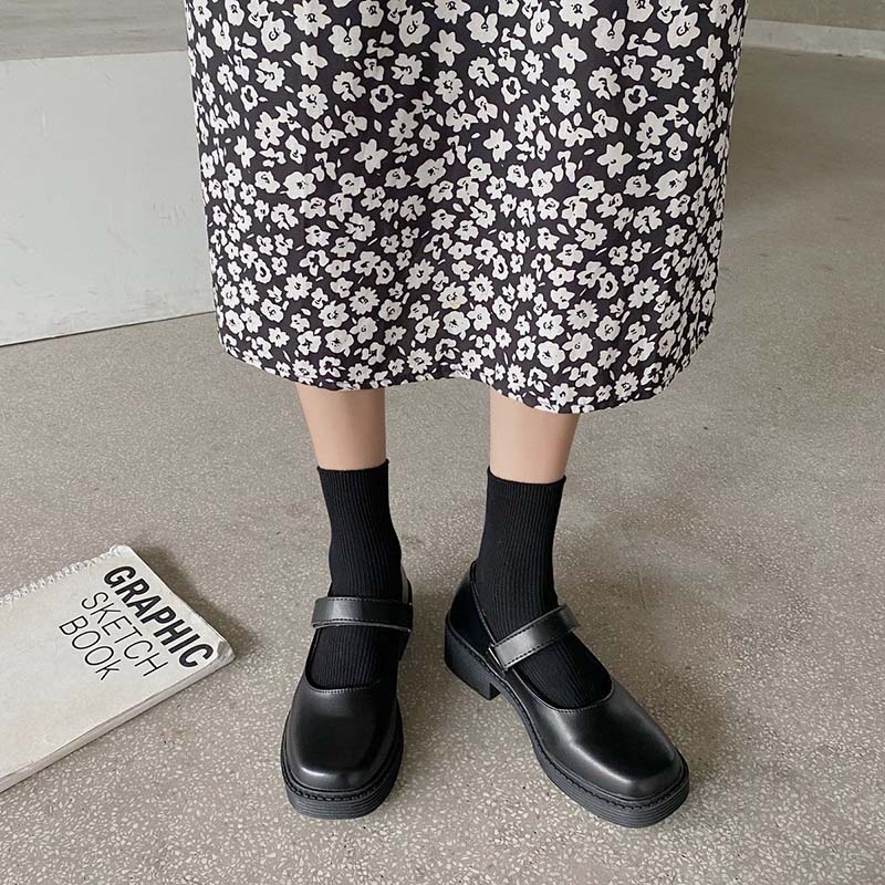 White Square Toe Thick Heel Mary Jane Shoes Female Summer Jk Platform Platform Mid-heel Small Leather Shoes Single Shoes