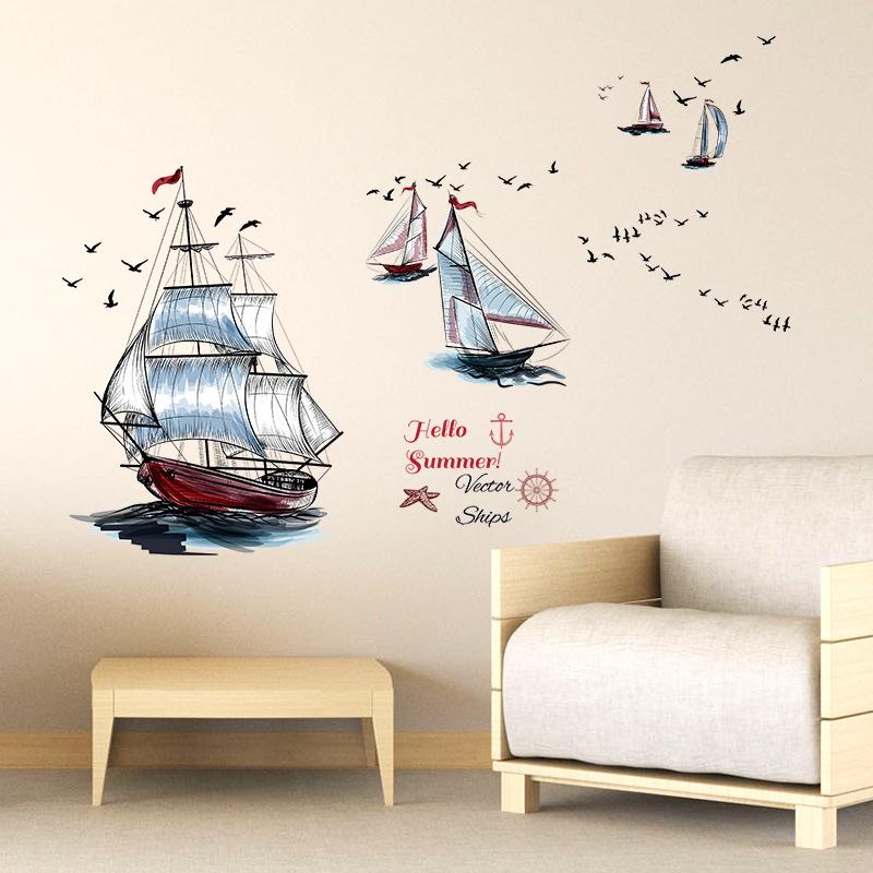 Sailboat creative wall sticker bedroom background decoration removable stickers TV sofa bed corner