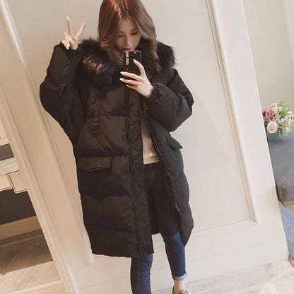 Autumn and Winter Ladies Down Padded Jacket Long Over The Knee Fur Collar Hooded Down Padded Jacket Slim Hooded Padded Warm Parka Coat