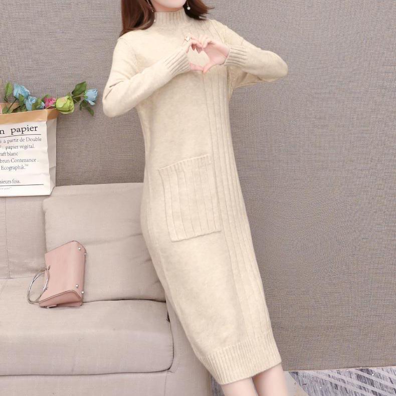 Autumn and Winter Mid-length Knitted Dress Women's Pullover Solid Color Thickened Half High Collar Bottoming Knitted Dress