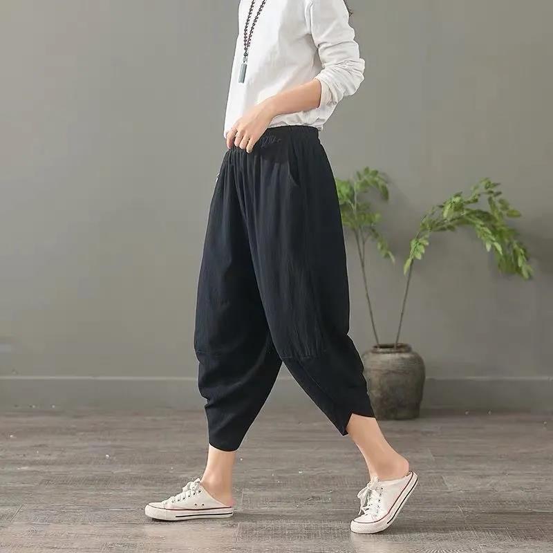 WTEMPO Large Women's Pants Linen Solid Color Cotton Linen Pants Eight Point Loose Casual Harem Pants Summer Thin