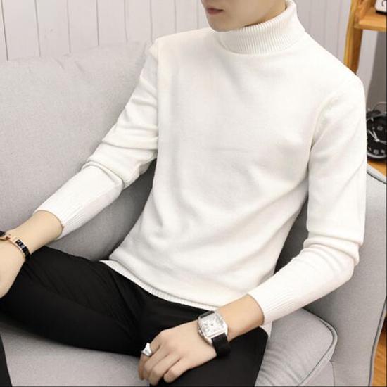 Men's Turtleneck Sweater Solid Knitted Mens Sweaters Casual Slim Pullover Male Double Collar Top