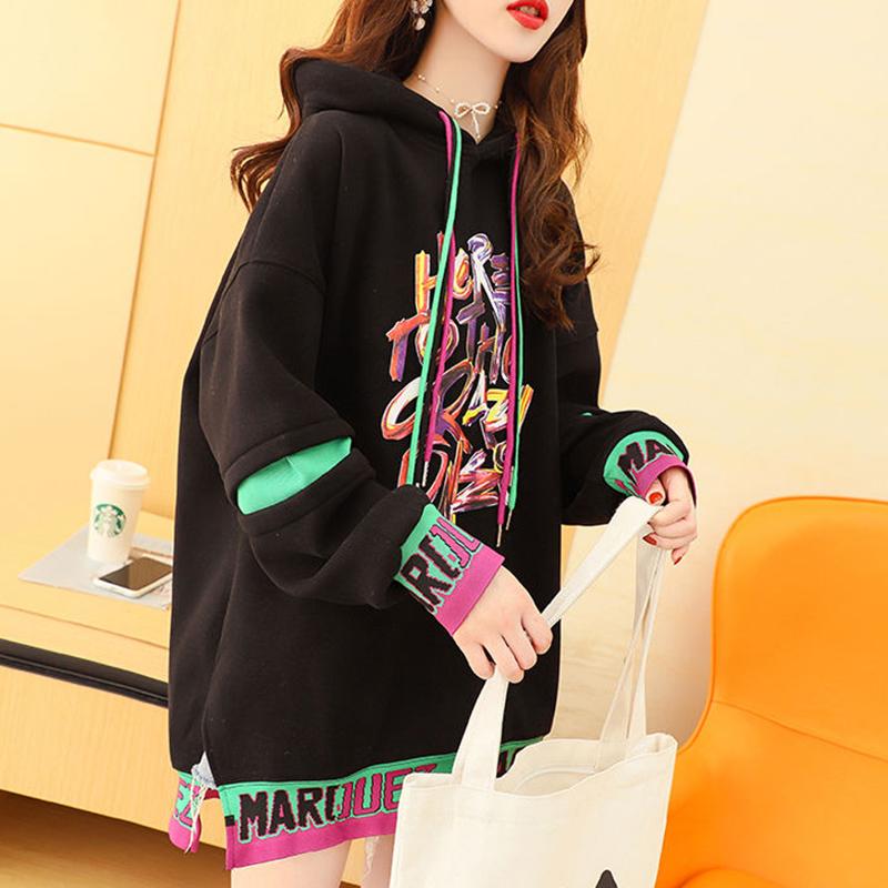 Middle Long Female Hooded Sweater Plus Velvet Thick Korean Coat Loose Wild Fashion Street Top