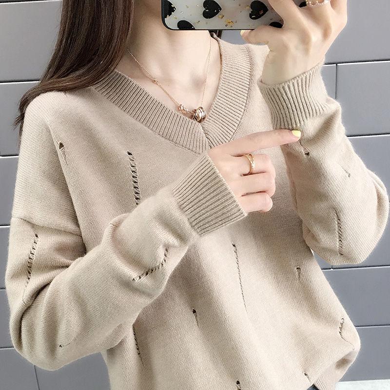 Spring and Autumn Loose V-neck Sweater Solid Color Hollow Top Long Sleeve All-match Female Top