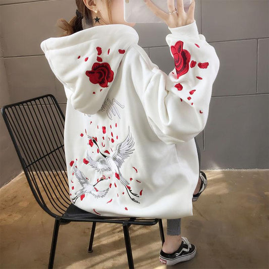 Crane Floral Embroidery Harajuku Hoodies Women Autumn Winter Thick Fleece White Black Hooded Pullover Tops Oversized Streetwear Hip Hop Sweatshirts