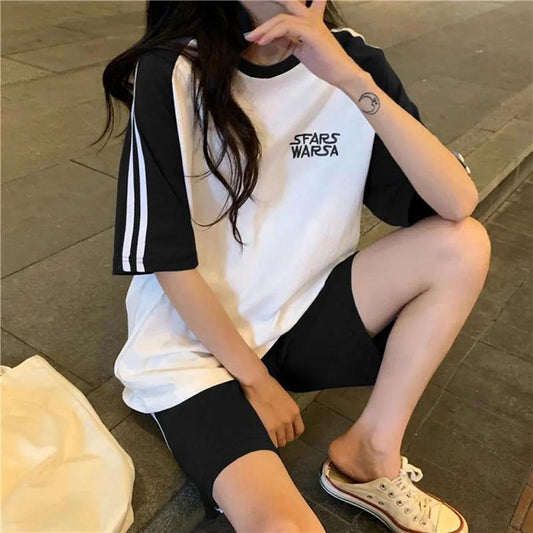 WTEMPO 2pcs Cotton Sportswear Set Women Summer Loose Casual Student Round Neck Short Sleeve Jogging Running Clothes