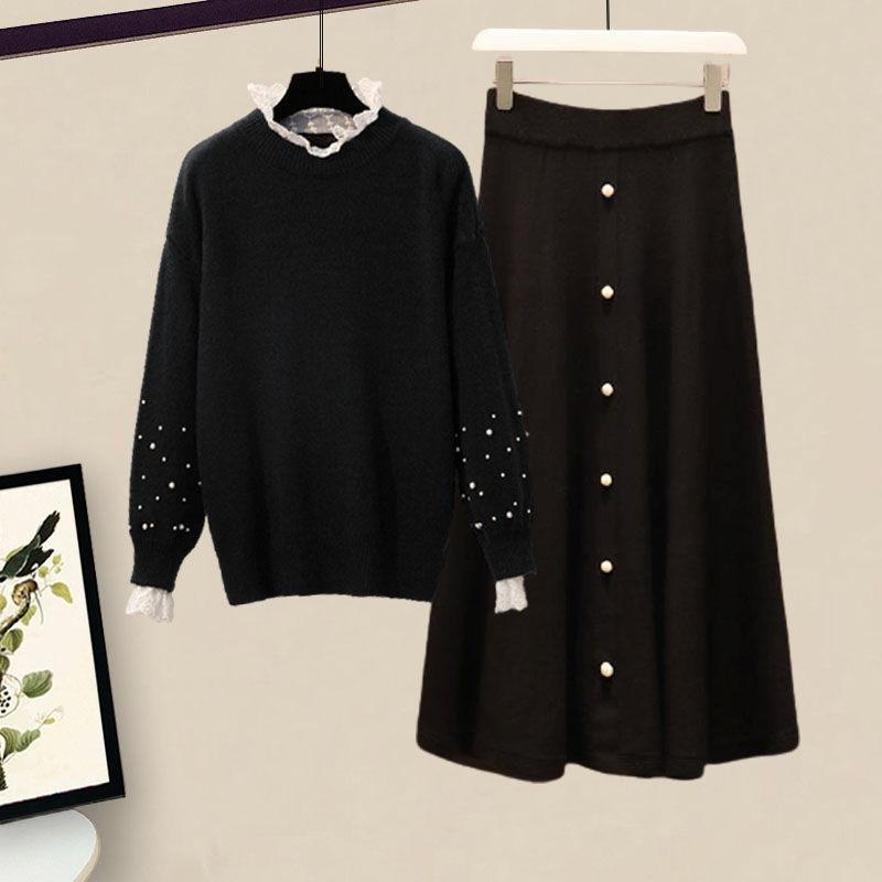 Autumn and Winter Warm Suit Women's Knit Sweater + A-line Thin Skirt Two-piece Sweet Pearl Decoration Elegant Temperament