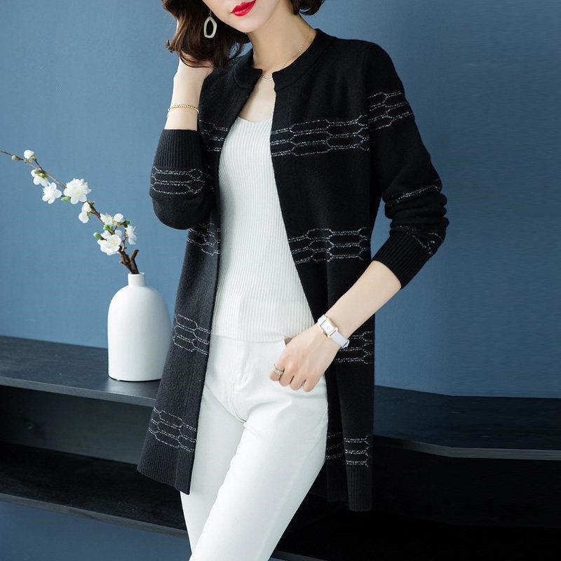 Autumn and Winter Long Loose Sweater Bright Silk Round Neck Woolen Coat Casual Simple Middle-aged Women's Jacket