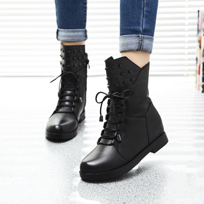 Genuine Leather Ankle Boots for Women Lace Up Platform Boots Women Winter Warm Plush Women Boots