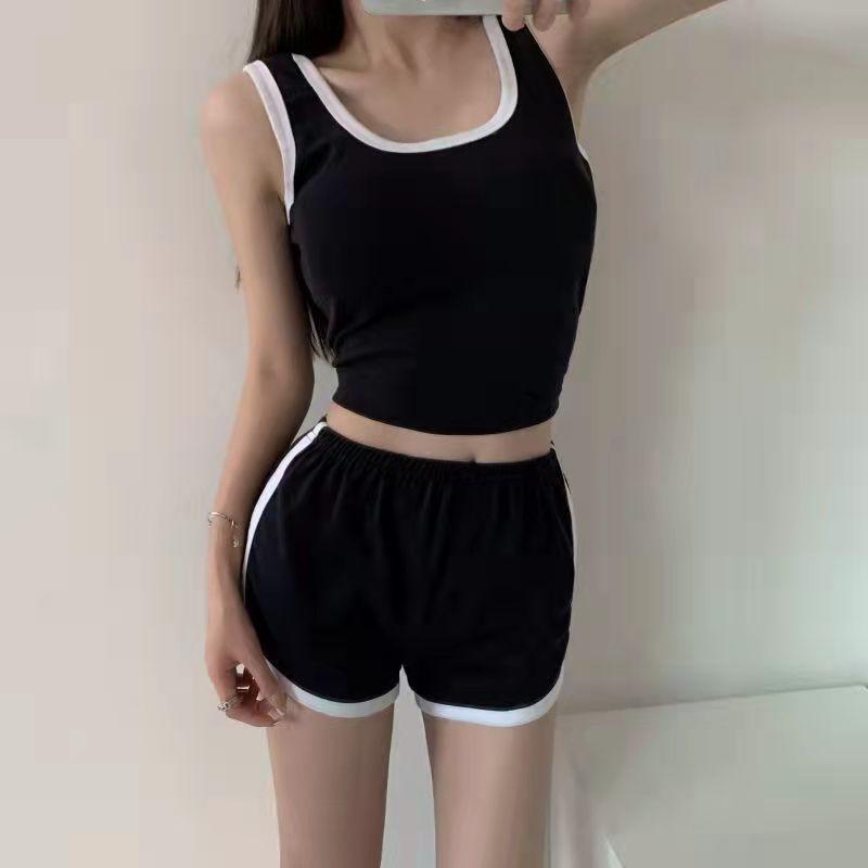 2PCS Women's Sports Suit Summer College Style Short Contrast Color Crop Top + Shorts Two-piece Outing Casual Suit Cute Girl's Athletic Clothing Sets