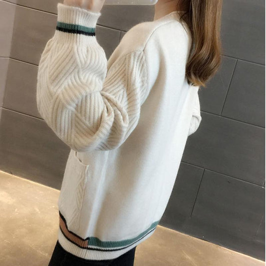 Women's Sweater Jacket Short Spring and Autumn Loose Outer Knit Cardigan Long-sleeved Stitching Color Warm Sweater Jacket