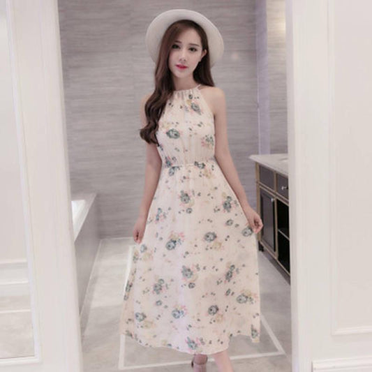 Summer Sweet Halter Strapless Chiffon Floral Dress Sleeveless Beach Long Party Dress