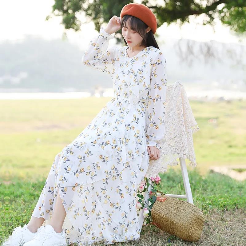 Female Vintage High Waist Super Fairy Holiday Dress Elegant Slim Chiffon Floral Print Dress