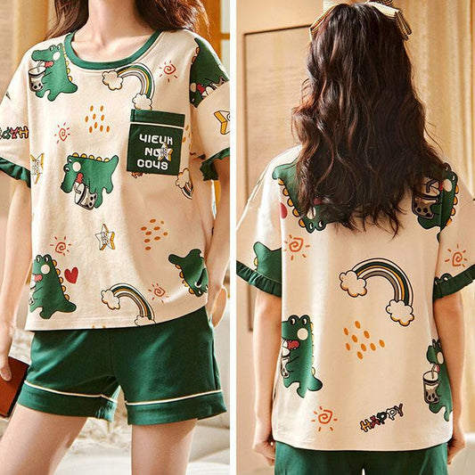 Women's Spring and Summer 2Pcs/Set Cute Cartoon Animal Sleepwear Short Sleeve Tops Short Pants Soft Pajamas