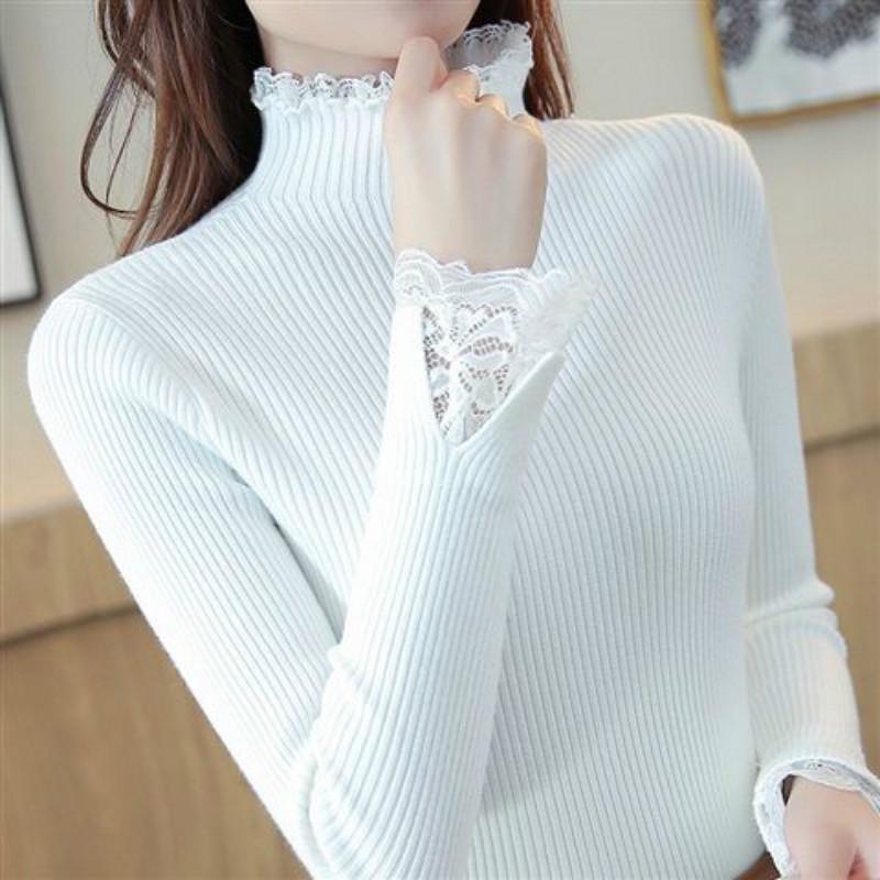 Pofulove autumn and winter sweater women's lace lace slim top long-sleeved pullover solid color base sweater women