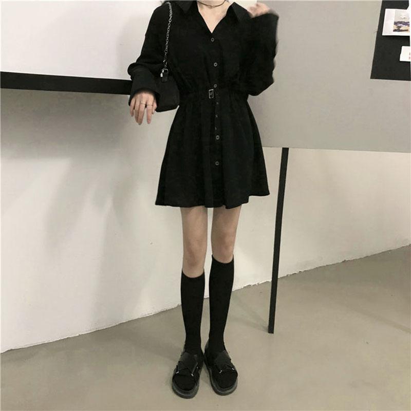 Spring and Autumn Clothing Lightly Cooked Hepburn Style Design Sense Small Black Skirt Waist Slimming Long-sleeved Dress Women