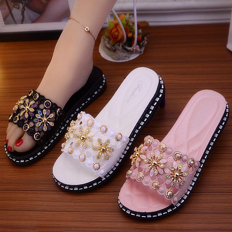 One Word with Pearl Slippers Women's Outer Wear Platform Sandals and Slippers Women's Sandals Can Be Worn Indoors and Outdoors