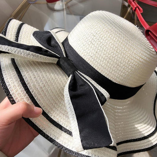 Wide Brim Straw Bow Hat Women's Summer Sunscreen Hat Wave Edge Beach Hat Anti-UV Cap All Match Sun Hat