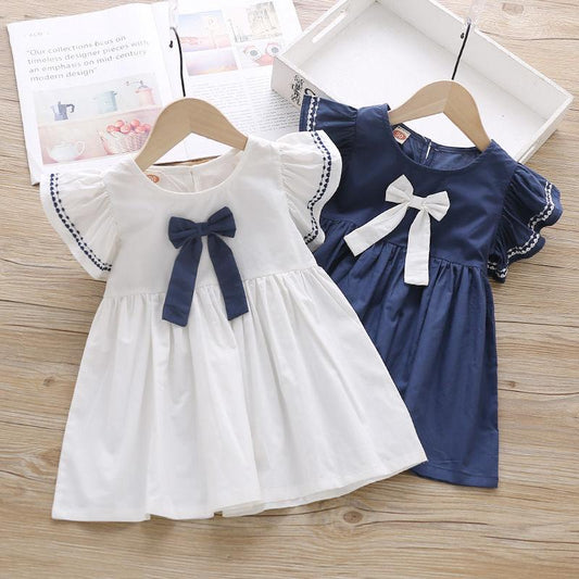 Summer Baby Girls Casual Clothes Dress Printing Short Sleeve Dress Kids Toddler Pageant Navy Dresses