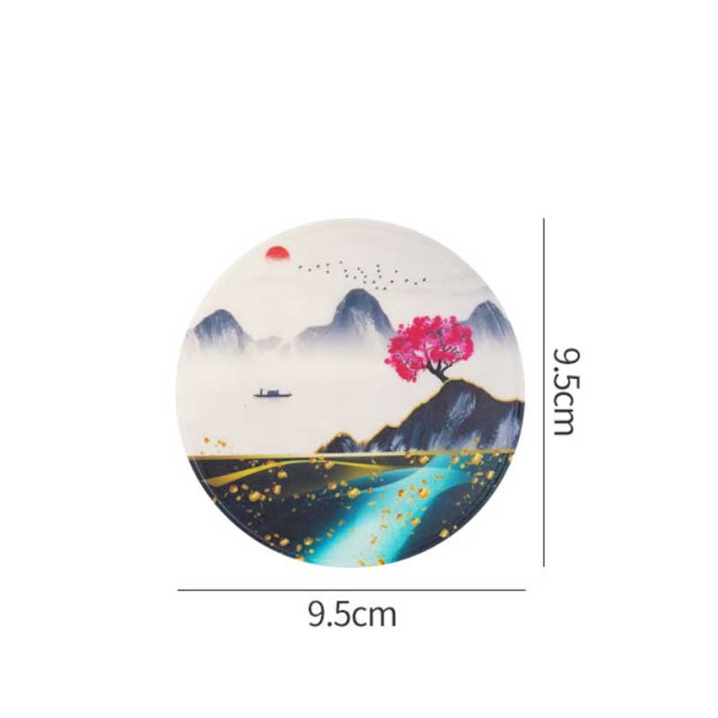 4pc PVC Rubber Coasters Landscape Pattern Coaster Anti-scalding Table Mat Kitchen Pot Mat Round Plate Mat