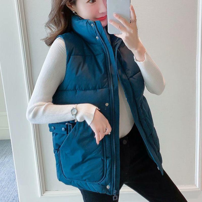 Autumn and Winter Solid Color Casual Down Cotton Vest Korean Version Loose Large Size Stand Collar Thickened Female Jacket