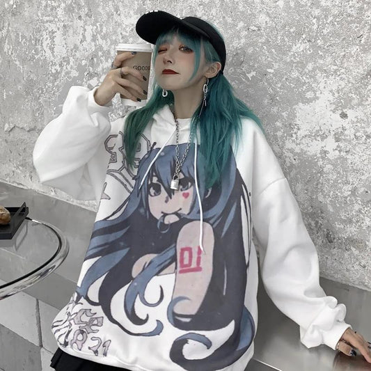 Anime Sweatshirts Hoodies Women Oversized Fashion Printed Streetwear Hip Hop Harajuku Pullovers Pink Girl Pattern Plus Size Loose Hooded Tops Women