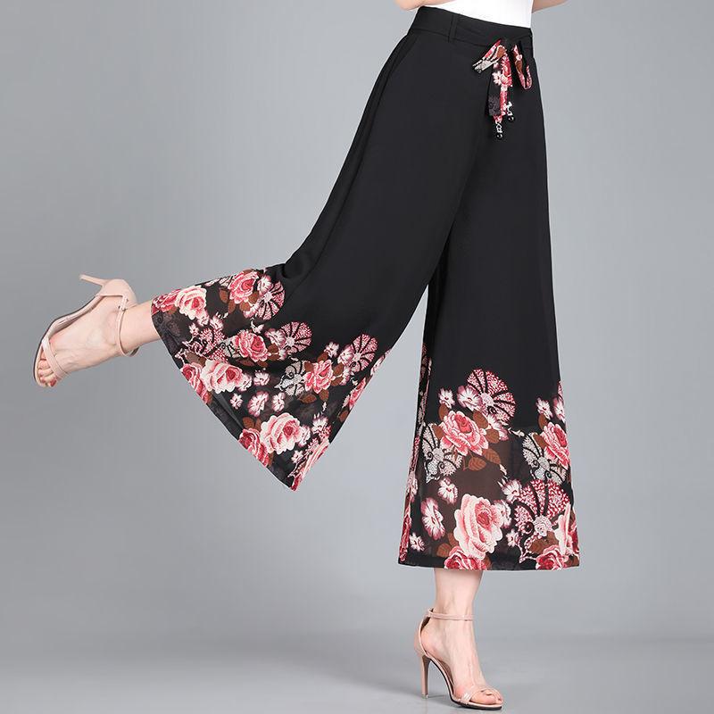 WTEMPO Women Floral Chiffon Ankle-Length Pants Wide-leg Pants Loose High Waist Trousers Cool and Breathable