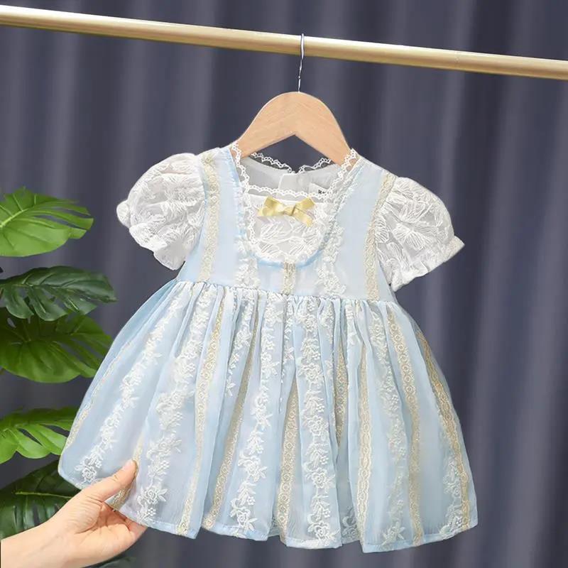 Girls Dress Summer Baby Lolita Puff Skirt Chiffon Puff Sleeve Summer Princess Dress Embroidered Sweet Blue Vintage French Dress