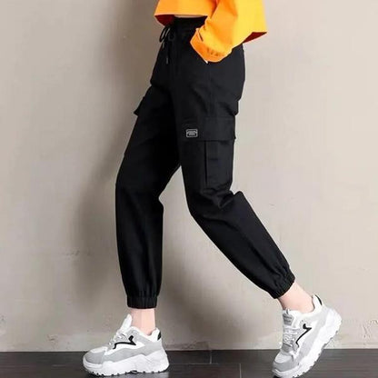 Women Summer Large Size Overalls Loose Solid Color Cropped Pants High Waist Elastic Thin Sports Pants