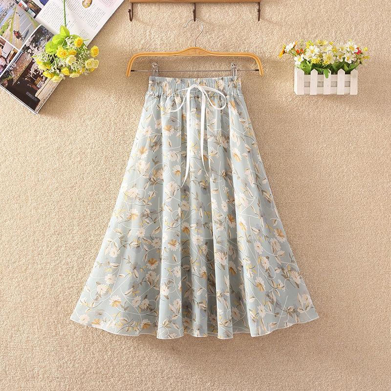 Floral Skirt Women's High Waist Mid-length Summer Fashion Casual Printed Chiffon Skirt