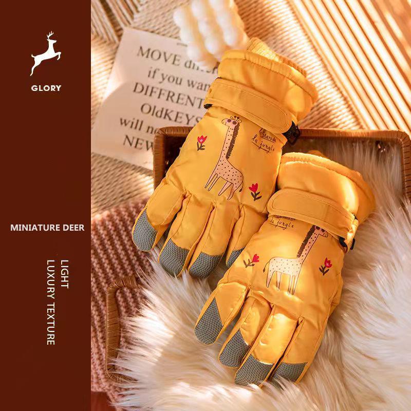 Children's Ski Gloves Winter 7-12 Years Old Cute Plus Velvet Thick Warm Gloves Boys and Girls Waterproof Five-finger Play Snow Gloves Ball Gloves