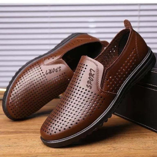 Summer Hollow Out Breathable Men's Leather Shoes Middle-aged British Shoes Slip-on Loafers Lightweight Driving Shoes Men Casual Sandals