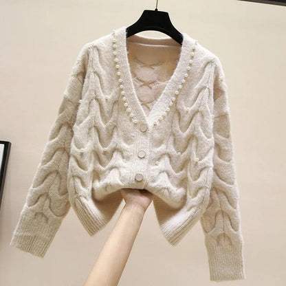 Autumn Winter Knitted Female Cardigan Loose Streetwear Knit Sweater Coat Cute V Neck Knitted Cardigan Women Jacket