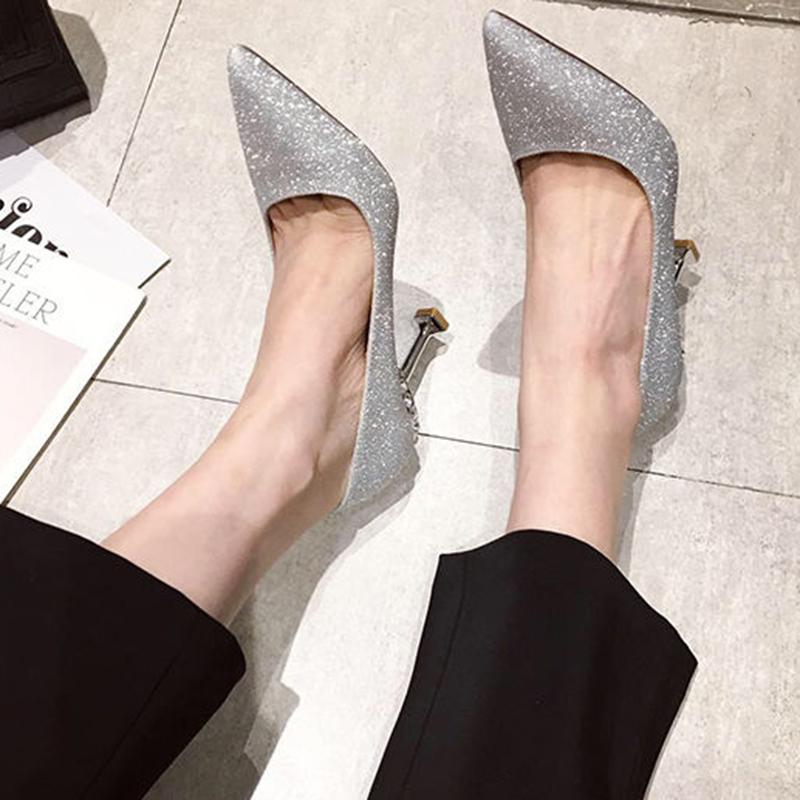 Wedding Shoes Women Crystal High Heels Women Stiletto Pointed Toe Sequins French Girl Single Shoes Bridal Shoes