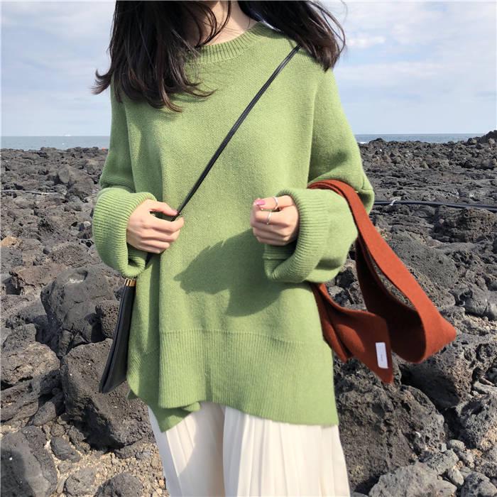 Pofulove  Autumn Winter Pullover Was Thin Sweater Loose Solid Color Split Fork Thick Knitted